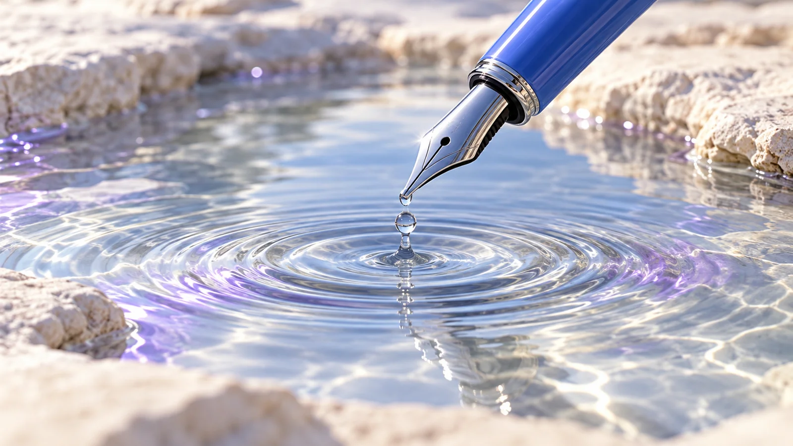 A blue fountain pen touches clear water and sends out concentric ripples.