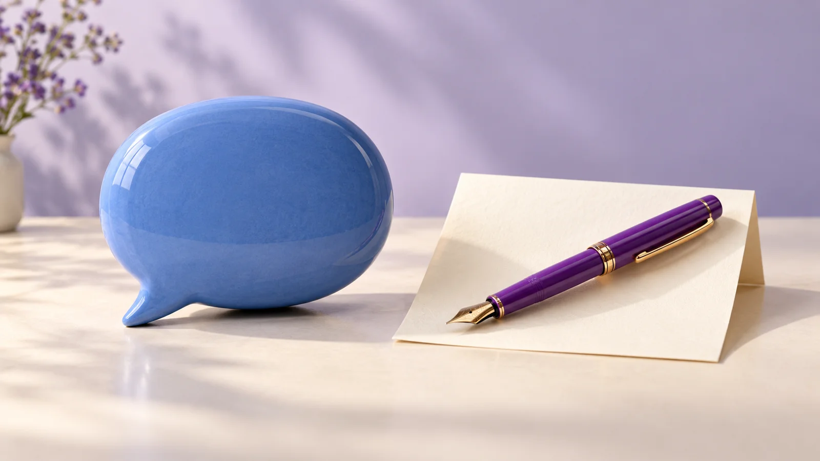 A blue ceramic speech bubble beside a violet fountain pen resting on blank folded paper.
