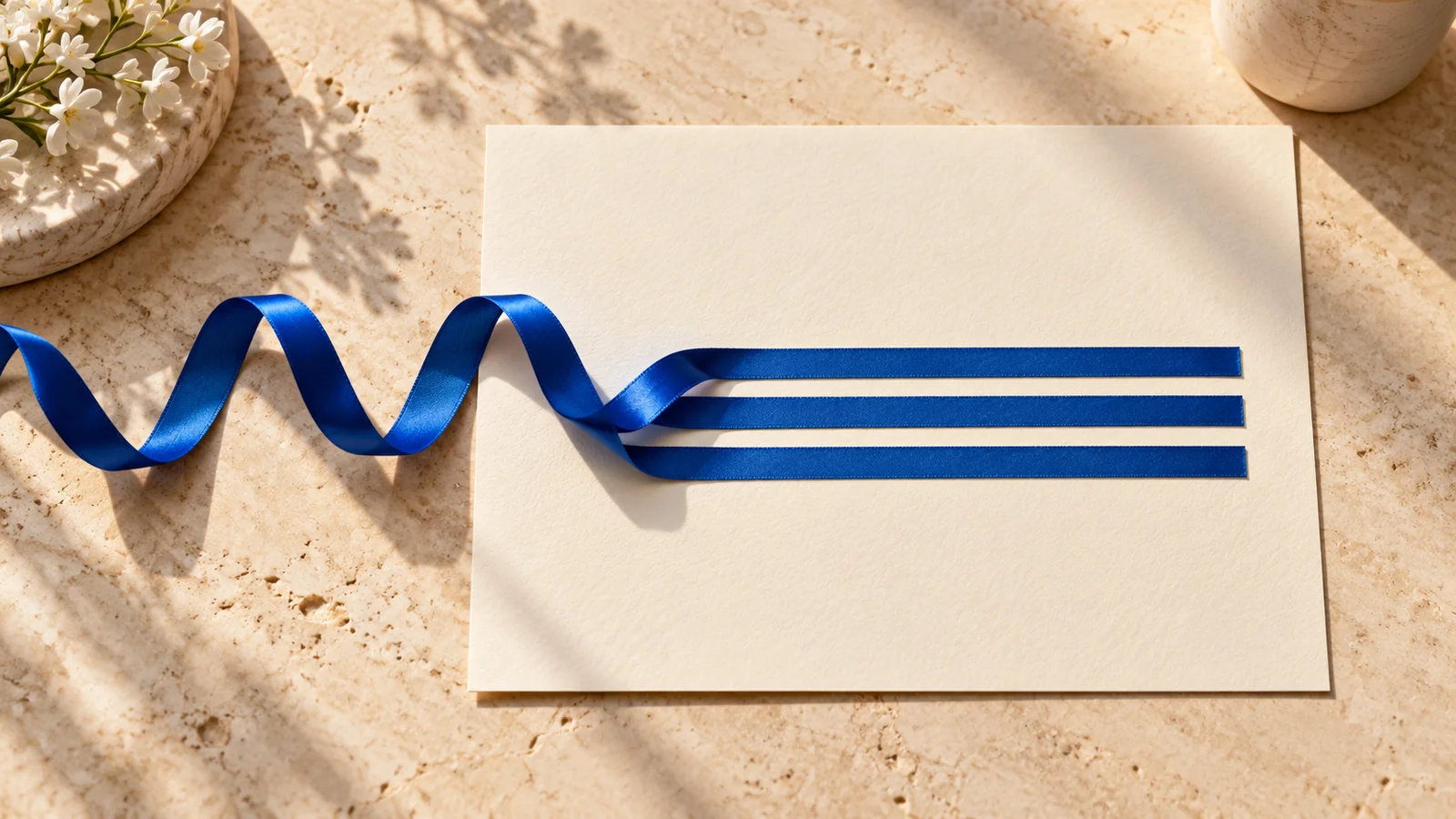 A blue ribbon curves like a sound wave and becomes three straight lines across a blank sheet of paper.