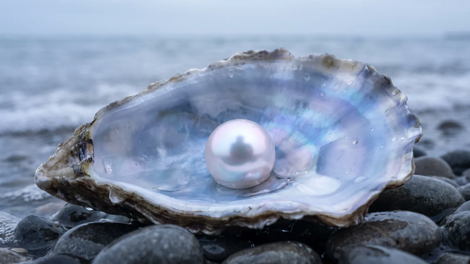 海辺の濡れた小石の上で口を開いた牡蠣が、青くきらめく貝殻の中に大粒の真珠をひとつ抱いている。