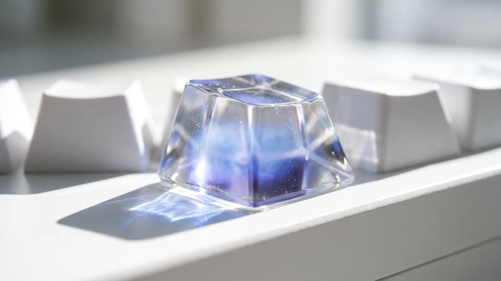 A clear glass keycap glowing blue and violet from within, among ordinary white keys.