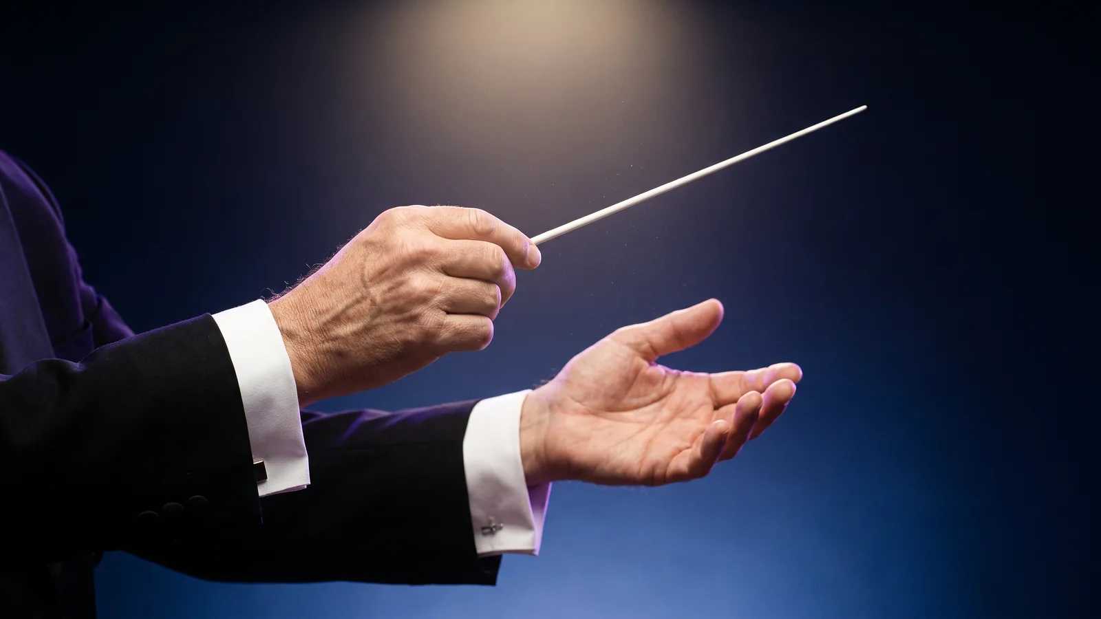 A conductor's hands held still on a pause, one raising a slim white baton, the other open palm up, against a deep blue background.