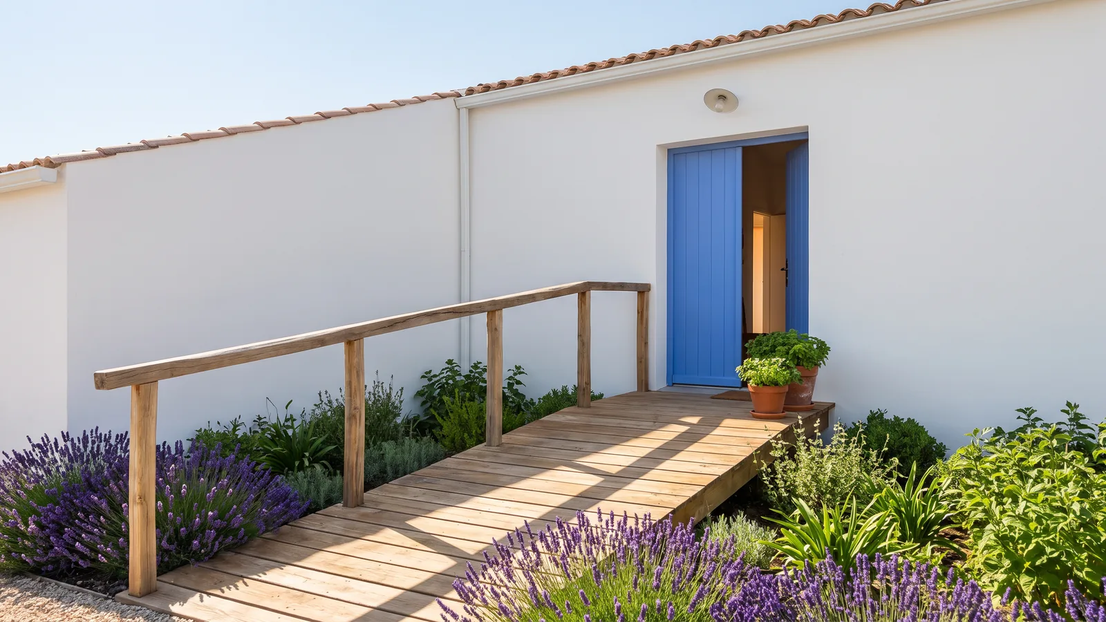 A gently sloping wooden ramp leads to an open blue door, with lavender growing alongside.