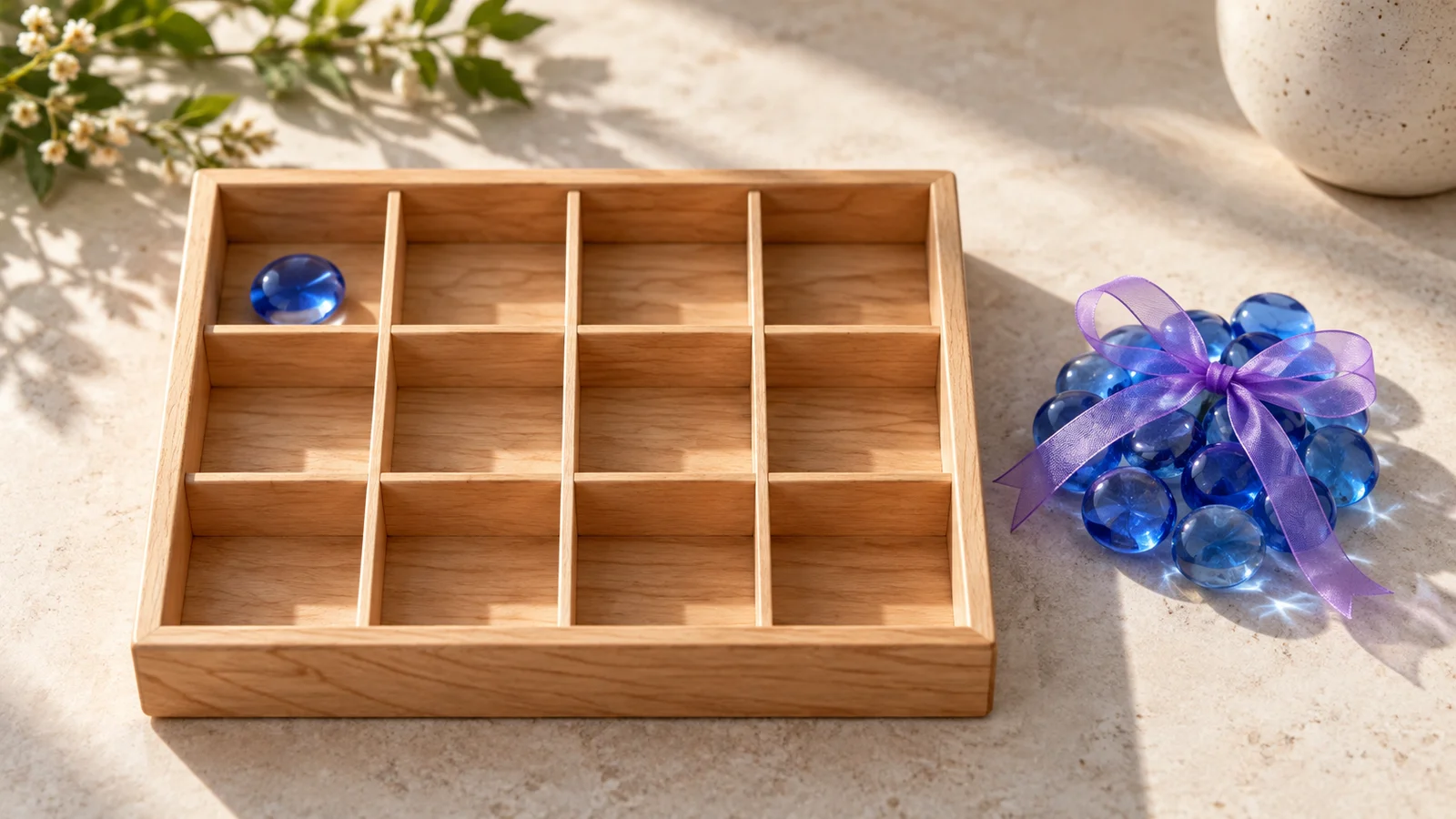 A wooden tray with twelve compartments holds one blue glass pebble, beside a group of blue pebbles tied with a violet ribbon.