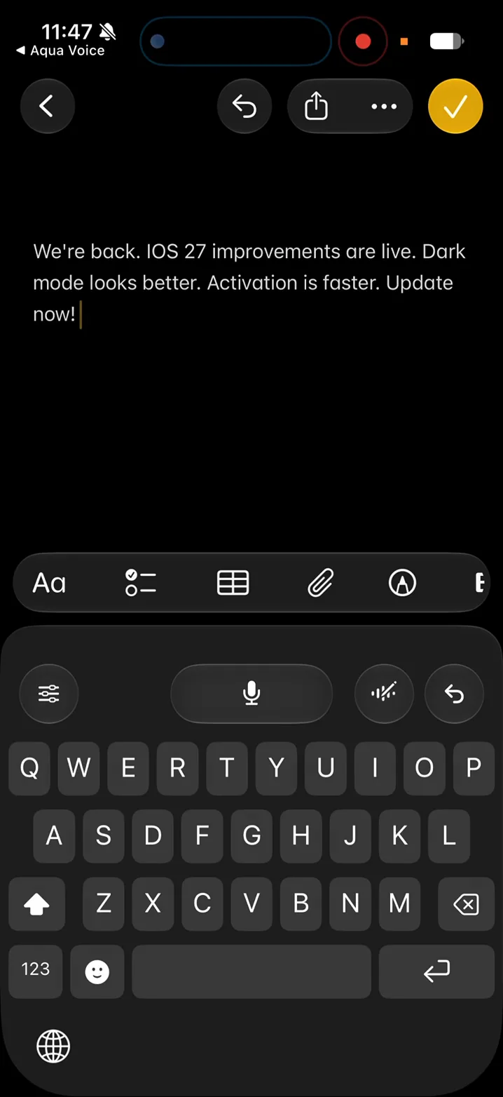 英語のメモの編集後の文章とAquaのキーボード