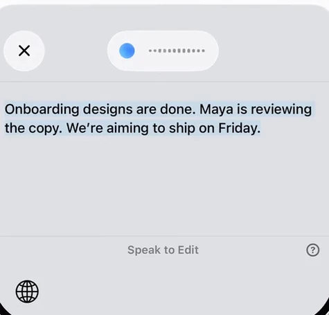 Aqua holds the selected text in its voice edit field. Speak to Edit appears below it.