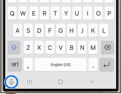Samsung Keyboard with a blue circle around the voice input microphone at the bottom left.
