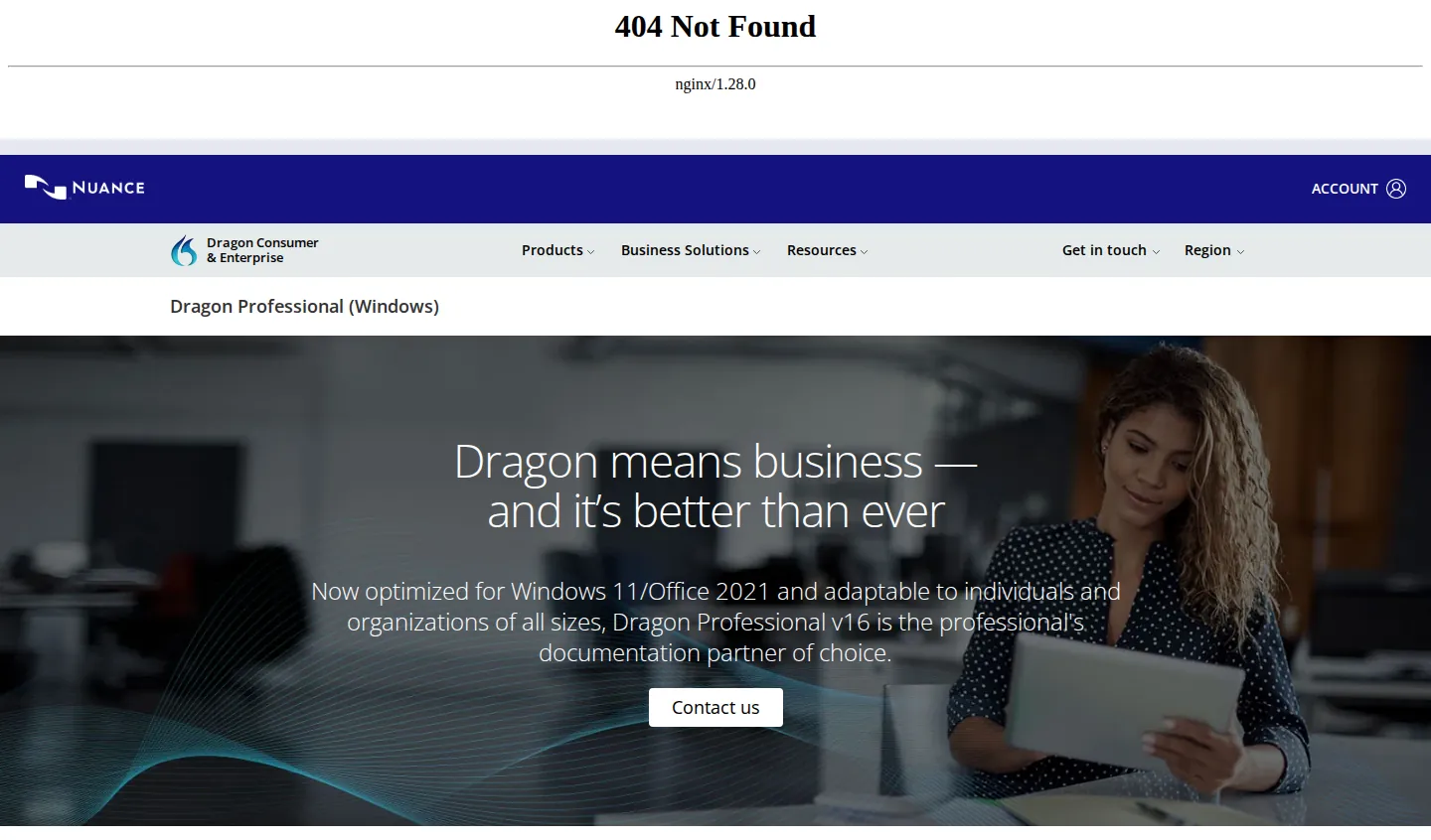 Nuance Dragon entry URL ending in a 404 and the Dragon Professional page offering Contact us instead of a price.