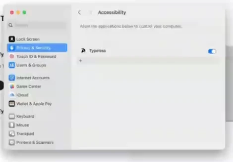 Typeless enabled in macOS Accessibility settings