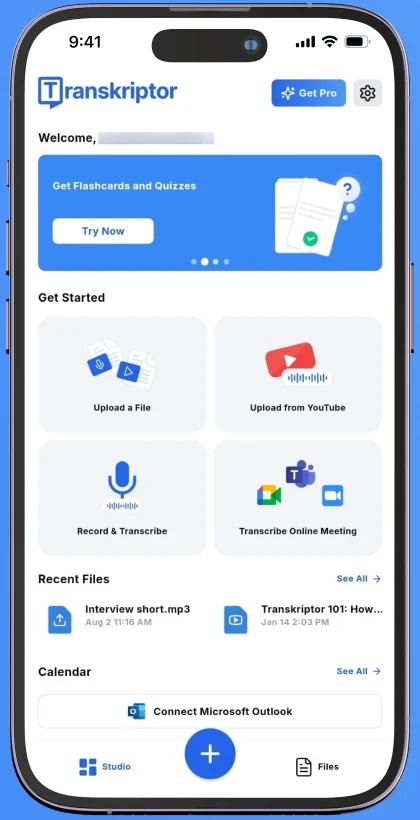 Transkriptor home screen with the Upload a File tile above Record & Transcribe.