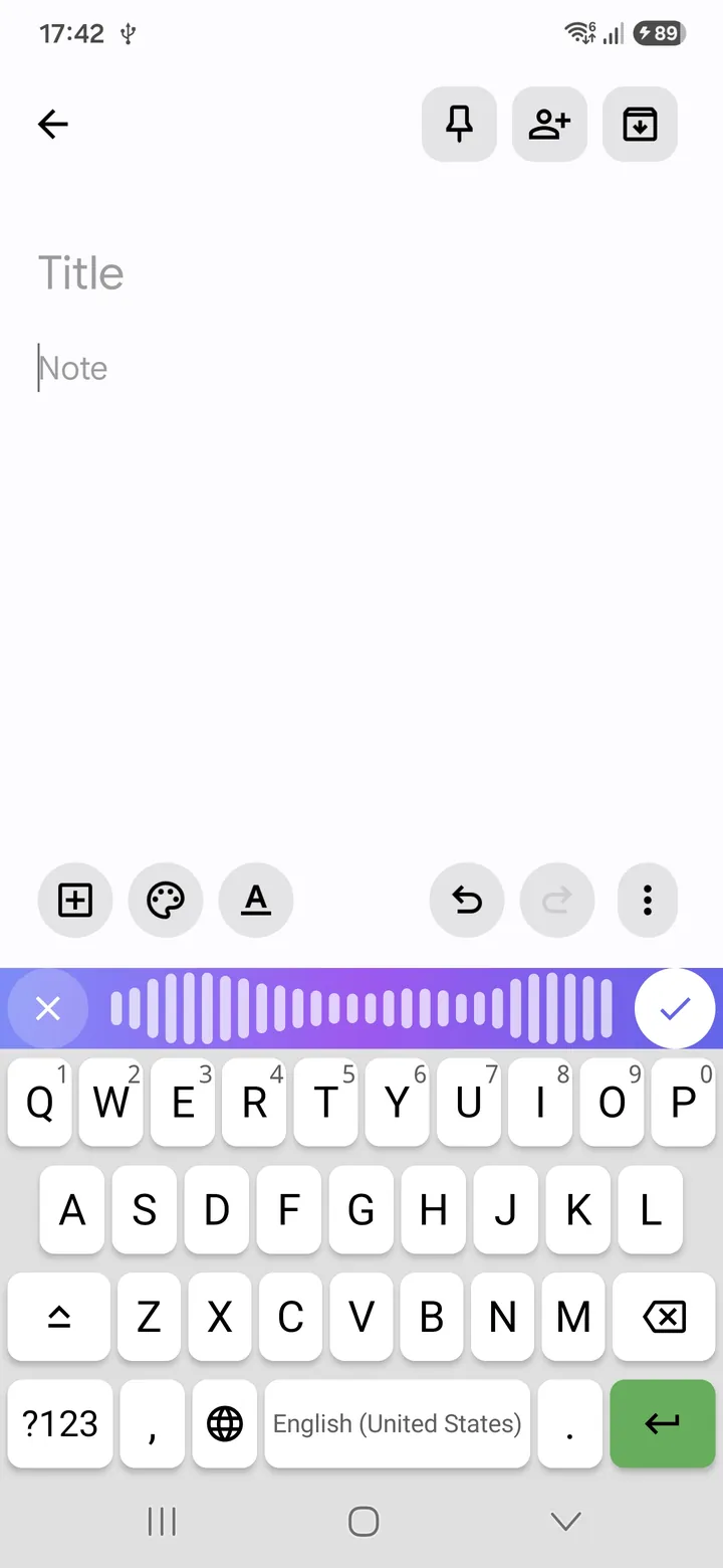 The same empty note in Google Keep while VoiceBoard is recording: the row above the keys has turned into a sound wave, with a cross on the left to cancel and a tick on the right to finish.