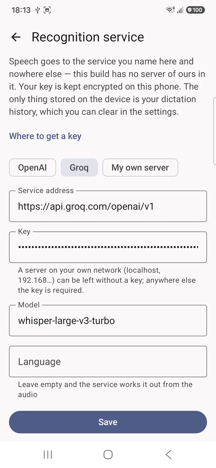 The Recognition service screen of the VoiceBoard open build: three preset buttons, OpenAI, Groq and My own server; a Service address field, a Key field, a Model field, an empty Language field and a Save button.