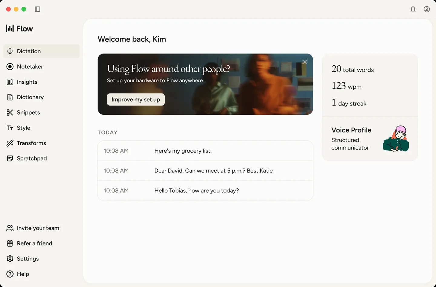 The Wispr Flow window on macOS: a Dictation section in the sidebar and a list of the day's dictated messages, each already punctuated.